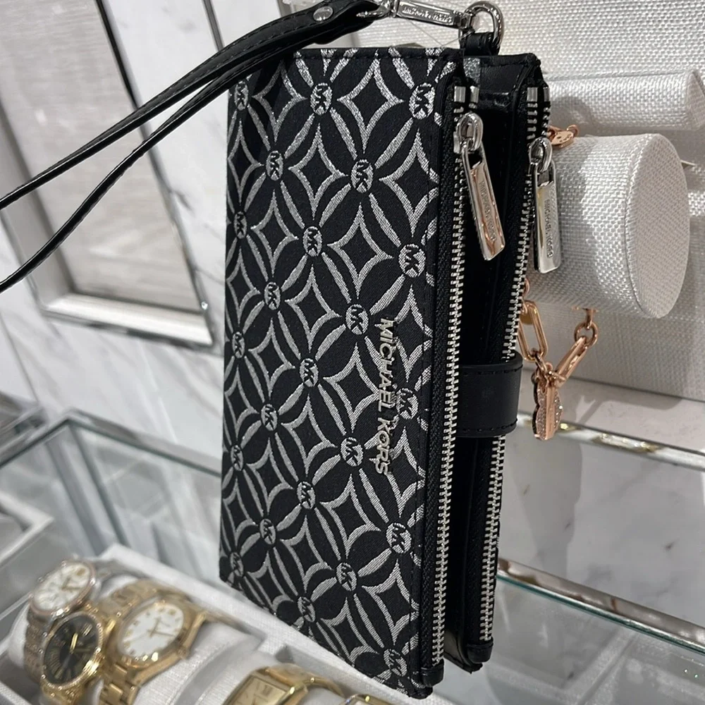 Michael Kors Jet Set Travel Large Double-Zip Wristlet-Wallet-PhoneHolder Black